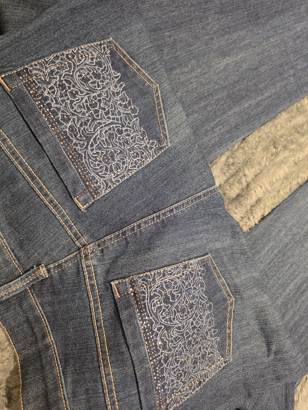 Womens Dark Blue Embroidered Pocket Jeans